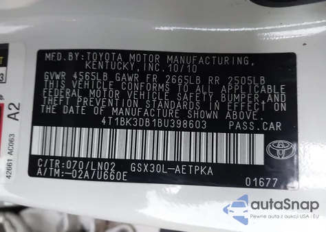 2011 Toyota Avalon Limited из США, поврежденный, VIN 4T1BK3DB1BU398603